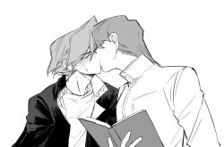 Rule 34 | 2boys, blush, book, closed eyes, commentary, couple, domino high school uniform, furrowed brow, hand up, high collar, highres, holding, holding book, jacket, jonouchi katsuya, kaiba seto, kiss, leaning forward, male focus, monochrome, multiple boys, nose blush, open book, open clothes, open jacket, school uniform, shirt, short hair, simple background, standing, sweatdrop, symbol-only commentary, upper body, white background, white shirt, yaoi, yitiaodahe71, yu-gi-oh!, yu-gi-oh! duel monsters