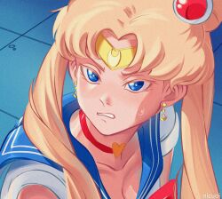 Rule 34 | 1girl, artist name, bishoujo senshi sailor moon, blonde hair, blue eyes, blue sailor collar, breasts, choker, circlet, cleavage, commentary, crescent, crescent earrings, derivative work, double bun, earrings, hair bun, heart, heart choker, highres, jewelry, medium breasts, meme, nicuoi, portrait, red choker, sailor collar, sailor moon, sailor moon redraw challenge (meme), scowl, screenshot redraw, solo, sweatdrop, tsukino usagi, twintails, v-shaped eyebrows