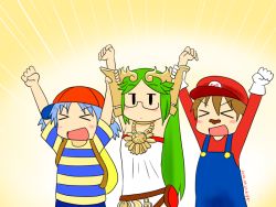 Rule 34 | &gt; &lt;, 3girls, :d, aioi yuuko, arms up, blue hair, blush, brown hair, buttons, cheering, closed eyes, clothes writing, cosplay, expressionless, fake facial hair, fake mustache, green hair, hat, jewelry, jitome, kid icarus, long hair, mario, mario (cosplay), mario (series), minakami mai, mother (game), mother 2, multiple girls, naganohara mio, necklace, ness (mother 2), ness (mother 2) (cosplay), nichijou, nintendo, open mouth, osuzu (osuzu3276), overalls, palutena, palutena (cosplay), parody, red hat, short hair, smile, super mario bros. 1, super smash bros., tiara, xd