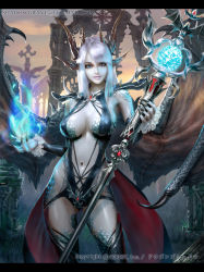 Rule 34 | 1girl, blue eyes, breasts, center opening, detached sleeves, dragon&#039;s shadow, dragon wings, fingernails, horns, long fingernails, nail polish, navel, pink hair, pointy ears, scales, shadowgrave, smile, solo, staff, statue, thighhighs, wings