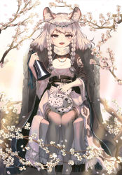 Rule 34 | 1girl, :d, absurdres, animal ear fluff, animal ears, arknights, bell, belt, belt buckle, blush, braid, brown eyes, brown thighhighs, buckle, cherry blossoms, circlet, dress, feet out of frame, headpat, highres, holding, holding bell, ita (itta), jewelry, leopard ears, leopard girl, leopard tail, long hair, long sleeves, looking at viewer, necklace, open mouth, pramanix (arknights), rock, simple background, sitting, smile, snow leopard, solo, tail, teeth, thighhighs, turtleneck, twin braids, upper teeth only, white background, white dress, wide sleeves