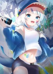 Rule 34 | 1girl, :d, baseball cap, blue eyes, blue hair, blue hat, blue jacket, blunt bangs, can, commentary request, gawr gura, hat, highres, holding, holding can, hololive, hololive english, jacket, jewelry, long sleeves, midriff, multicolored hair, navel, necklace, open clothes, open jacket, open mouth, paint on body, paint splatter, paint splatter on face, sharp teeth, shirt, short shorts, shorts, silver hair, sleeveless, sleeveless shirt, smile, solo, spray can, spray paint, streaked hair, tail, teeth, tokinari, virtual youtuber, white shirt