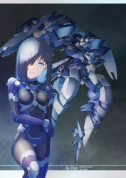 Rule 34 | 1girl, armored core, armored core: for answer, ay-pool, black hair, blue eyes, breasts, character name, covered navel, extra eyes, flying, glowing, glowing eyes, hair over one eye, highres, karappo (keith8387), looking at viewer, mecha, medium breasts, one eye covered, pilot suit, robot, science fiction, smile, vero nork