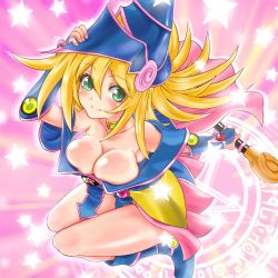 Rule 34 | 1girl, bare legs, blonde hair, boots, breasts, cleavage, dark magician girl, duel monster, female focus, full body, gradient background, green eyes, hat, large breasts, legs, long hair, looking at viewer, magic, magic circle, no bra, puspus, shiny skin, smile, solo, striped, striped background, wand, wizard hat, yu-gi-oh!, yu-gi-oh! duel monsters