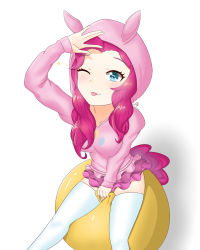 Rule 34 | 1girl, alternate skin color, animal ears, animal hood, ball, blue eyes, covering privates, covering crotch, frilled skirt, frills, hand up, highres, hood, hood up, hoodie, horse ears, humanization, miniskirt, my little pony, my little pony: equestria girls, my little pony: friendship is magic, pink hair, pink skirt, pinkie pie, sitting on ball, skirt, socks, solo, thighhighs, zoxriver503