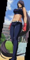 Rule 34 | 00s, 1girl, ahoge, bare shoulders, belt, black hair, blue footwear, blue pants, boots, collar, day, fingerless gloves, from below, gloves, hair over one eye, highres, ikkitousen, kan&#039;u unchou, long hair, low-tied long hair, midriff, navel, outdoors, pants, red gloves, screencap, solo, stitched, strapless, third-party edit, very long hair