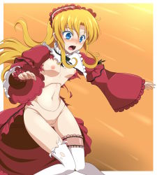 Rule 34 | 1girl, absurdres, blonde hair, blue eyes, blush, breasts, bridal garter, character request, clam curry, cleft of venus, doll joints, headdress, highres, ikazuchi no senshi raidy, joints, lolita fashion, long hair, navel, nipples, no bra, no panties, open mouth, orange background, paid reward available, pussy, simple background, small breasts, solo, tears, thighhighs, torn clothes, torn legwear, white thighhighs