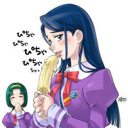 Rule 34 | 00s, 2girls, :p, ^ ^, akimoto komachi, badge, banana popsicle, blue eyes, blue hair, bow, bowtie, closed eyes, eating, green hair, hairband, hand over mouth, holding, juliet sleeves, long hair, long sleeves, looking at viewer, minazuki karen, multiple girls, precure, puffy sleeves, red bow, red bowtie, sameha ikuya, school uniform, sexually suggestive, short hair, simple background, smile, tongue, tongue out, upper body, white background, yes! precure 5