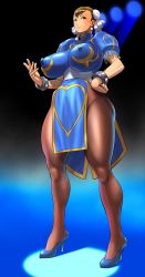 Rule 34 | 1girl, absurdres, ass, bracelet, breasts, brown eyes, brown hair, bun cover, capcom, china dress, chinese clothes, chun-li, cosine, double bun, dress, earrings, covered erect nipples, female focus, full body, high heels, highres, hip focus, huge breasts, impossible clothes, impossible shirt, jewelry, legs, muscular, nipples, pantyhose, pelvic curtain, shirt, shoes, short hair, solo, spiked bracelet, spikes, standing, street fighter, thick thighs, thighs, wide hips