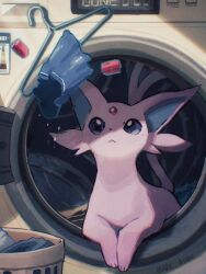 Rule 34 | :&lt;, arc draws, blue sclera, closed mouth, colored sclera, creatures (company), espeon, forked tail, game freak, gen 2 pokemon, highres, indoors, laundry basket, looking at object, lying, nintendo, no humans, on side, pink fur, pokemon, pokemon (creature), tail, washing machine