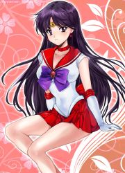 Rule 34 | 1girl, back bow, bishoujo senshi sailor moon, black hair, bow, choker, commentary request, earrings, elbow gloves, floral background, gloves, highres, hino rei, inner senshi, jewelry, leotard, looking at viewer, oyaman, pleated skirt, purple bow, purple eyes, red background, red bow, red choker, red sailor collar, red skirt, sailor collar, sailor mars, sailor senshi uniform, sitting, skirt, smile, solo, star (symbol), star earrings, twitter username, white gloves, white leotard