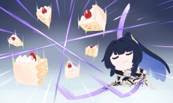 Rule 34 | 1girl, :3, armor, armored dress, armored leotard, cake, chibi, closed eyes, closed mouth, commentary request, dress, elbow gauntlets, food, fruit, full body, gold headwear, high ponytail, highres, holding, holding sword, holding weapon, honkai (series), honkai impact 3rd, long hair, motion lines, poko (poco hoshi 3), raiden mei, raiden mei (herrscher of origin), smile, solo, strawberry, sword, weapon, white armor, white dress