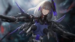 Rule 34 | 1girl, android, blood, blood on face, blurry, blurry background, breasts, brown eyes, devil lo, grey background, grey hair, hair between eyes, hair ornament, hairclip, looking at viewer, mechanical arms, medium breasts, medium hair, punishing: gray raven, rosetta: rigor (punishing: gray raven), rosetta (punishing: gray raven), scratches, solo, upper body