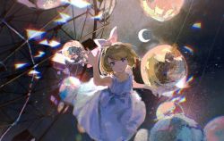 Rule 34 | 1girl, absurdres, arm up, bare arms, bauble, blonde hair, blue eyes, bow, christmas ornaments, chromatic aberration, commentary, crescent moon, dated commentary, dress, ferris wheel, full body, hair bow, hair ornament, hairclip, highres, kagamine rin, lobelia (saclia), moon, parted lips, reaching, reaching towards viewer, short hair, sleeveless, sleeveless dress, solo, vocaloid, white bow, white dress