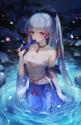 Rule 34 | 1girl, :o, ayaka (genshin impact), blue hair, blunt bangs, blush, budget sarashi, commentary request, detached sleeves, folding fan, genshin impact, grey eyes, hair ornament, hair ribbon, hakama, hakama skirt, hand fan, high ponytail, highres, holding, holding fan, japanese clothes, jewelry, light blue hair, long hair, looking at viewer, neck ring, night, no shirt, onsen, partially submerged, ponytail, red ribbon, ribbon, rope belt, sarashi, silver hair, skirt, solo, very long hair, wading, water, wet, wet hair, wide sleeves, xingren bu hao eat
