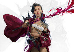 Rule 34 | 1girl, absurdres, arm tattoo, armor, black hair, blood, breasts, earrings, highres, holding, holding sword, holding weapon, japanese clothes, jewelry, katana, kimono, lips, long hair, looking at viewer, medium breasts, original, parted lips, red eyes, sarashi, sheath, shoulder armor, shoulder tattoo, simple background, solo, sword, tattoo, underboob, vergilhoo, weapon, white background