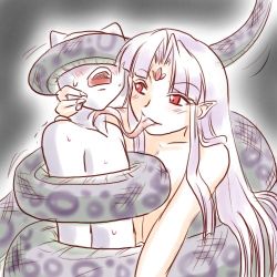Rule 34 | 1boy, 1girl, 2channel, coiled, eyebrows, forked tongue, lamia, long tongue, lowres, mona (2ch), monster girl, red eyes, scales, supon, tongue, tongue out