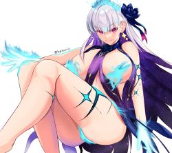 Rule 34 | 1girl, bare shoulders, blue fire, blue hair, blush, body markings, bracelet, breasts, byte-artist, earrings, fate/grand order, fate (series), fire, flower, hair flower, hair ornament, hair ribbon, highres, jewelry, kama (fate), kama (swimsuit avenger) (fate), kama (swimsuit avenger) (third ascension) (fate), knees up, large breasts, long hair, looking at viewer, lotus, multicolored hair, red eyes, revealing clothes, ribbon, silver hair, smile, solo, star (symbol), star earrings, thighs, two-tone hair