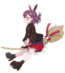 Rule 34 | 1girl, absurdres, blush, broom, broom riding, brown eyes, commentary request, fingerless gloves, full body, gloves, highres, jacket, looking at viewer, looking to the side, naughty face, purple hair, short hair, simple background, solo, tenjin kotone, tenjin kotone (channel), tonarikeru, virtual youtuber, white background