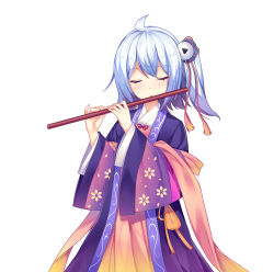 Rule 34 | 1girl, ahoge, akabane (pixiv3586989), bili girl 33, bilibili, blush, character check, closed eyes, facial mark, facing viewer, forehead mark, hair ornament, highres, instrument, long sleeves, medium hair, music, official art, playing instrument, side ponytail, silver hair, simple background, standing, tassel, white background, wide sleeves