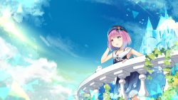 Rule 34 | 1girl, absurdres, alternate hair length, alternate hairstyle, bad id, bad pixiv id, balcony, bare arms, bare shoulders, beret, blue dress, blue hat, blush, castle, crescent, crescent necklace, dress, gradient hair, green eyes, hair ornament, hairclip, hat, heterochromia, highres, himemori luna, himemori luna (sundress), hololive, jewelry, multicolored hair, necklace, outdoors, pink hair, purple eyes, purple hair, sailor collar, sailor dress, short dress, short hair, sky, solo, tama sakura, virtual youtuber, white sailor collar