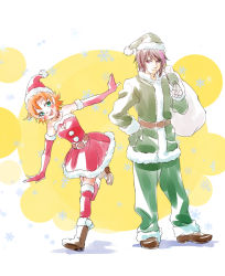 Rule 34 | 1boy, 1girl, boots, christmas, cleavage cutout, clothing cutout, full body, gloves, hat, highres, iesupa, lie ren, nora valkyrie, red gloves, rwby, sack, santa boots, santa costume, santa gloves, santa hat