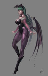 Rule 34 | 1girl, absurdres, animal print, aqua hair, ass, bat print, boots, breasts, clothing cutout, collarbone, elbow gloves, gloves, grey background, head wings, heart, heart cutout, highres, large breasts, lipstick, long hair, makeup, midfinger, morrigan aensland, pantyhose, print pantyhose, profile, skin tight, solo, vampire (game), wings, yellow eyes