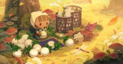 Rule 34 | 1girl, animal crossing, autumn, autumn leaves, basket, boar, bug, commentary, daisy mae (animal crossing), dragonfly, food, from above, fruit, furry, furry female, ginkgo leaf, grass, head scarf, highres, insect, leaf, moss, mushroom, nintendo, on grass, outdoors, persimmon, rock, saino misaki, sitting, snot, solo, symbol-only commentary, tree, turnip