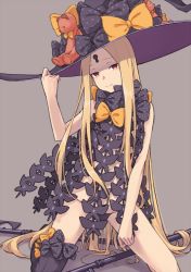 Rule 34 | 1girl, abigail williams (fate), abigail williams (second ascension) (fate), bare shoulders, black bow, black hat, black panties, blonde hair, bow, closed mouth, fate/grand order, fate (series), forehead, grey background, hat, highres, ichiroku (sakumogu-029), key, keyhole, kneeling, long hair, looking at viewer, orange bow, panties, parted bangs, polka dot, polka dot bow, red eyes, ribbed legwear, simple background, single thighhigh, smile, solo, staff, stuffed animal, stuffed toy, teddy bear, thighhighs, thighs, underwear, very long hair, witch hat