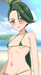 Rule 34 | 1girl, ahoge, bikini, blurry, blurry background, breasts, bright pupils, collarbone, commentary request, creatures (company), day, earrings, game freak, green bikini, green hair, hair between eyes, highres, jewelry, kenja panda, long hair, micro bikini, navel, nintendo, open mouth, outdoors, pokemon, pokemon sv, ponytail, red eyes, rika (pokemon), sky, small breasts, solo, swimsuit, white pupils