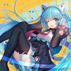 Rule 34 | 1girl, animal ear headphones, axent wear, bison cangshu, black thighhighs, blue eyes, blue hair, cat ear headphones, detached sleeves, fake animal ears, hands on headphones, hatsune miku, headphones, long hair, looking at viewer, necktie, one eye closed, open mouth, paw print, paw print pattern, skirt, solo, thighhighs, twintails, very long hair, vocaloid, yellow background