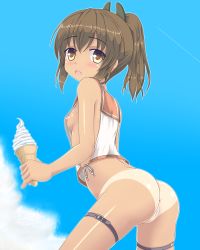 Rule 34 | 1girl, anus, ass, bare arms, bare shoulders, blue sky, bottomless, breasts, brown eyes, cleft of venus, cloud, contrail, day, food, from side, highres, holding, holding food, i-401 (kancolle), ice cream, ice cream cone, kantai collection, leaning forward, legs apart, looking at viewer, looking to the side, nipple slip, nipples, noveske n4, orange sailor collar, ponytail, pussy, ribbon, sailor collar, shirt, short hair, sidelocks, sky, sleeveless, sleeveless shirt, small breasts, solo, standing, tan, tanline, tare (tonikaku magaru), thigh strap, uncensored, white ribbon, white shirt