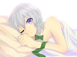 Rule 34 | 1girl, bed, bed sheet, blue eyes, braid, female focus, izayoi sakuya, looking at viewer, lying, makita (twosidegekilove), naked sheet, nude, on bed, on side, one eye closed, pillow, pov, pov across bed, ribbon, short hair, smile, solo, touhou, under covers, white hair, wink