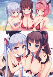Rule 34 | 3girls, absurdres, all fours, animal ears, bare shoulders, beach, bikini, black legwear, black ribbon, blue eyes, blunt bangs, blush, breast press, breasts, brown hair, cleavage, collarbone, covered erect nipples, day, fake animal ears, front-tie bikini top, front-tie top, girl sandwich, green eyes, hair ornament, hair ribbon, hairband, halterneck, highres, huge filesize, large breasts, leotard, long hair, looking at viewer, medium breasts, mochizuki momiji, mole, mole on breast, multiple girls, multiple views, navel, new game!, nipples, nitro (mugityaoisii), one side up, outdoors, penguin hair ornament, pink hair, playboy bunny, ponytail, puffy nipples, purple eyes, purple hair, rabbit ears, red bikini, ribbon, sandwiched, shiny skin, short hair, smile, suzukaze aoba, swimsuit, takimoto hifumi, thighhighs, twintails, upper body, very long hair, water