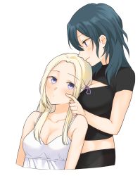 Rule 34 | 2girls, blue eyes, blue hair, breast press, breasts, byleth (female) (fire emblem), byleth (fire emblem), cleavage, cleavage cutout, closed mouth, clothing cutout, collarbone, dress, edelgard von hresvelg, fire emblem, fire emblem: three houses, fukuroumori, hair over shoulder, hair ribbon, highres, long hair, looking at another, looking down, medium breasts, midriff, multiple girls, nintendo, purple ribbon, ribbon, short sleeves, silver hair, simple background, sleeveless, sleeveless dress, small breasts, smile, spaghetti strap, white background, white dress, yuri