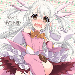 Rule 34 | 1girl, alternate hairstyle, amatsukaze (kancolle), brown eyes, card holster, character name, cosplay, cowboy shot, dress, fate/kaleid liner prisma illya, fate (series), feather hair ornament, feathers, gloves, hair down, hair ornament, inaba shiki, kantai collection, long hair, magical girl, open mouth, pink dress, pink feathers, pink sleeves, pink thighhighs, prisma illya, prisma illya (cosplay), silver hair, solo, teeth, thighhighs, upper teeth only, white gloves