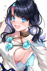 Rule 34 | 1girl, bare shoulders, black hair, blue eyes, blue ribbon, blunt bangs, blush, breasts, collarbone, detached sleeves, fate/grand order, fate/requiem, fate (series), flying sweatdrops, hand up, long hair, long sleeves, magatama, magatama hair ornament, medium breasts, multicolored hair, open mouth, red hair, ribbon, rope, see-through, seigaiha, sideboob, sideless outfit, simple background, solo, streaked hair, sweat, twitter username, two-tone hair, upper body, utsumi erice, white background, yayoi maka