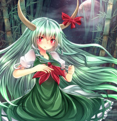 Rule 34 | 1girl, bamboo, bamboo forest, bow, dress, ex-keine, forest, full moon, green dress, highres, horn bow, horns, kamishirasawa keine, long hair, looking at viewer, moon, nature, neckerchief, night, open mouth, pink eyes, puffy short sleeves, puffy sleeves, shirt, short sleeves, silver hair, sky, solo, star (sky), starry sky, touhou, very long hair, xe-cox