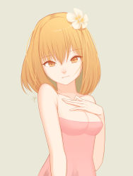 Rule 34 | 1girl, absurdres, bad id, bad pixiv id, bare shoulders, blonde hair, breasts, cleavage, closed mouth, collarbone, dduck kong, flower, hair flower, hair ornament, hand on own chest, highres, looking at viewer, medium breasts, original, short hair, signature, solo, upper body, yellow eyes