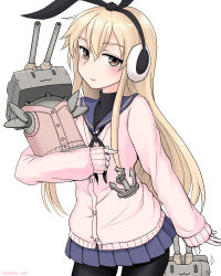 Rule 34 | 1girl, adapted costume, beige cardigan, black neckerchief, black pantyhose, blonde hair, blue sailor collar, blue skirt, cardigan, commentary request, contrapposto, cypress, earmuffs, grey eyes, kantai collection, long hair, looking at viewer, neckerchief, pantyhose, pleated skirt, rensouhou-chan, sailor collar, shimakaze (kancolle), simple background, skirt, smile, standing, turtleneck, undershirt, white background