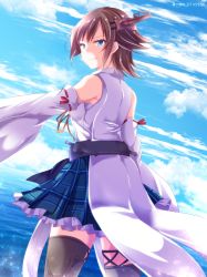Rule 34 | 1girl, bad id, bad pixiv id, blue eyes, blue sky, boots, brown hair, cloud, cowboy shot, day, detached sleeves, flipped hair, from behind, green skirt, hairband, headgear, hiei (kancolle), horizon, kantai collection, looking at viewer, looking back, no legwear, nontraditional miko, plaid, plaid skirt, pleated skirt, ribbon-trimmed sleeves, ribbon trim, sakura romu, short hair, skirt, sky, solo, standing, thigh boots, thighhighs, twitter username, water