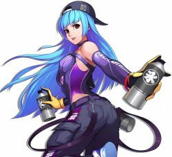 Rule 34 | 1girl, alternate costume, ass, baseball cap, blue hair, breasts, brown eyes, from behind, hat, highres, kula diamond, leg lift, leg up, legs, leotard, looking at viewer, looking back, medium breasts, official alternate costume, pants, parted lips, sideboob, smile, snk, solo, spray can, the king of fighters, thighs