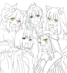Rule 34 | 5girls, animal ears, bare shoulders, blunt bangs, braid, breasts, cleavage, fangs, fate/apocrypha, fate/extra, fate/extra ccc, fate/extra ccc fox tail, fate/grand order, fate (series), fox ears, fox girl, green eyes, hair between eyes, hair ornament, hair ribbon, highres, horns, ibaraki douji (fate), long hair, looking at viewer, mordred (fate), mordred (fate/apocrypha), multiple girls, nipi27, no bangs, oni, open mouth, parted bangs, partially colored, ponytail, purple eyes, ribbon, short hair, shuten douji (fate), sidelocks, simple background, skin-covered horns, smile, suzuka gozen (fate), tamamo (fate), tamamo no mae (fate/extra), teeth, white background, yellow eyes