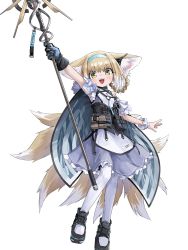 Rule 34 | 1girl, animal ear fluff, animal ears, arknights, arm up, black footwear, black gloves, blonde hair, blue dress, blue hairband, commentary, dress, earpiece, fox ears, fox girl, fox tail, frilled dress, frills, gloves, green eyes, hair rings, hairband, highres, holding, holding staff, looking at viewer, multiple tails, open mouth, pantyhose, shoes, short hair, simple background, single glove, single wrist cuff, smile, solo, staff, suzuran (arknights), tail, two-tone gloves, white background, white pantyhose, wrist cuffs, yachima tana