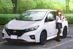 Rule 34 | 1girl, black pantyhose, black sailor collar, black skirt, brown eyes, brown footwear, brown hair, car, commentary request, day, grin, holding, holding leaf, leaf, loafers, looking at viewer, motor vehicle, nismo, nissan, nissan leaf, nissan leaf nismo, original, outdoors, pantyhose, pleated skirt, red neckwear, sailor collar, school uniform, serafuku, shirt, shoes, skirt, smile, solo, standing, tantaka, tree, vehicle focus, vehicle request, white shirt