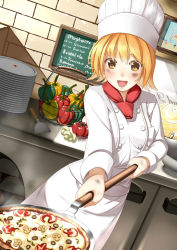 Rule 34 | 1girl, :d, bad id, bad pixiv id, bell pepper, bell pepper slice, blonde hair, chef, chef hat, food, hat, holding, kinugasa yuuichi, mushroom, open mouth, original, peel (tool), pepper, pizza, plate, plate stack, short hair, smile, solo, vegetable, yellow eyes