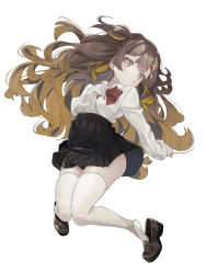 Rule 34 | 1girl, alternate costume, anya melfissa, anzi, black skirt, blonde hair, blush, bow, breasts, brown hair, clenched hands, gradient hair, grey eyes, highres, hololive, hololive indonesia, jumping, medium breasts, multicolored hair, red bow, school uniform, shirt, shirt tucked in, skindentation, skirt, smile, solo, streaked hair, thighhighs, two side up, virtual youtuber, white background, white shirt