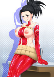 Rule 34 | 1girl, asymmetrical hair, black eyes, black hair, blush, boku no hero academia, breasts, breasts out, cleavage, collarbone, elbow gloves, female focus, gloves, highres, large breasts, latex, long hair, looking at viewer, matching hair/eyes, nipples, ponytail, red gloves, red legwear, reverse outfit, sitting, skin tight, smile, solo, yaoyorozu momo