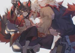 Rule 34 | 2boys, aak (arknights), absurdres, animal ears, arknights, bara, bare pectorals, biceps, blush, braid, chair, drooling, ear piercing, earrings, furry, furry male, grabbing, highres, holding, holding stethoscope, hung (arknights), jewelry, looking at another, male focus, multicolored hair, multiple boys, muscular, muscular male, office chair, open mouth, pectorals, piercing, saliva, stethoscope, streaked hair, sweat, swivel chair, tail, unbuttoned, unbuttoned shirt, veins, very sweaty, xiao (creation0528)