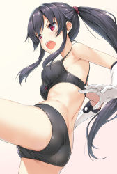 Rule 34 | &gt;:o, 10s, 1girl, :o, ass, black bra, black hair, black panties, bra, breasts, cowboy shot, gloves, gradient background, kantai collection, leg lift, medium breasts, outstretched arms, panties, ponytail, red eyes, sidelocks, simple background, solo, strap gap, takayaki, taut clothes, underwear, underwear only, v-shaped eyebrows, white gloves, yahagi (kancolle)